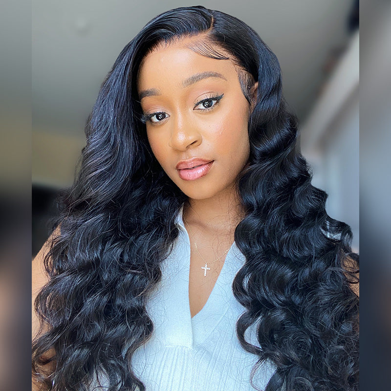 18"=$141 | Arabella 360 Full Lace Glueless Loose Deep Wave Wig Invisi Drawstring Natural Black Pull & Go
