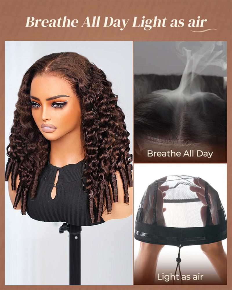 Chocolate Brown Water Wave With Finger Coil Ends Wigs