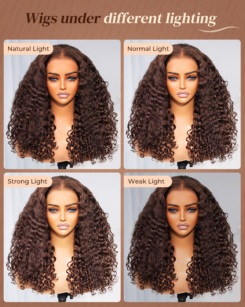 Chocolate Brown Water Wave With Finger Coil Ends Wigs