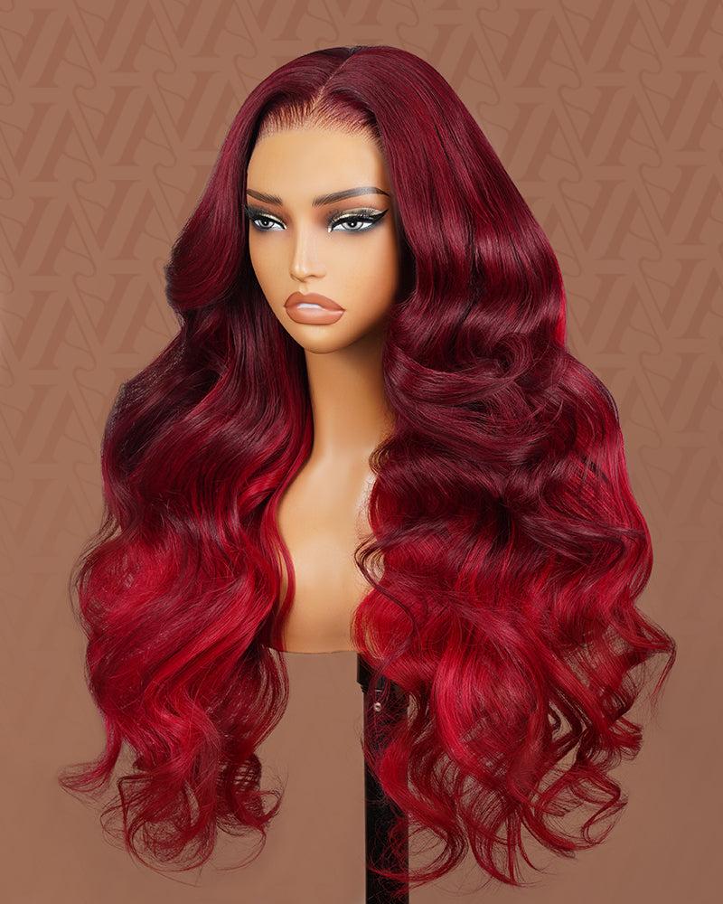 Arabella 13x6 Three-Go™ Cherry Red Ombre 99J39J 230% Density Glueless Wig Loose Body Wave With Drawstring 100% Human Hair Wig