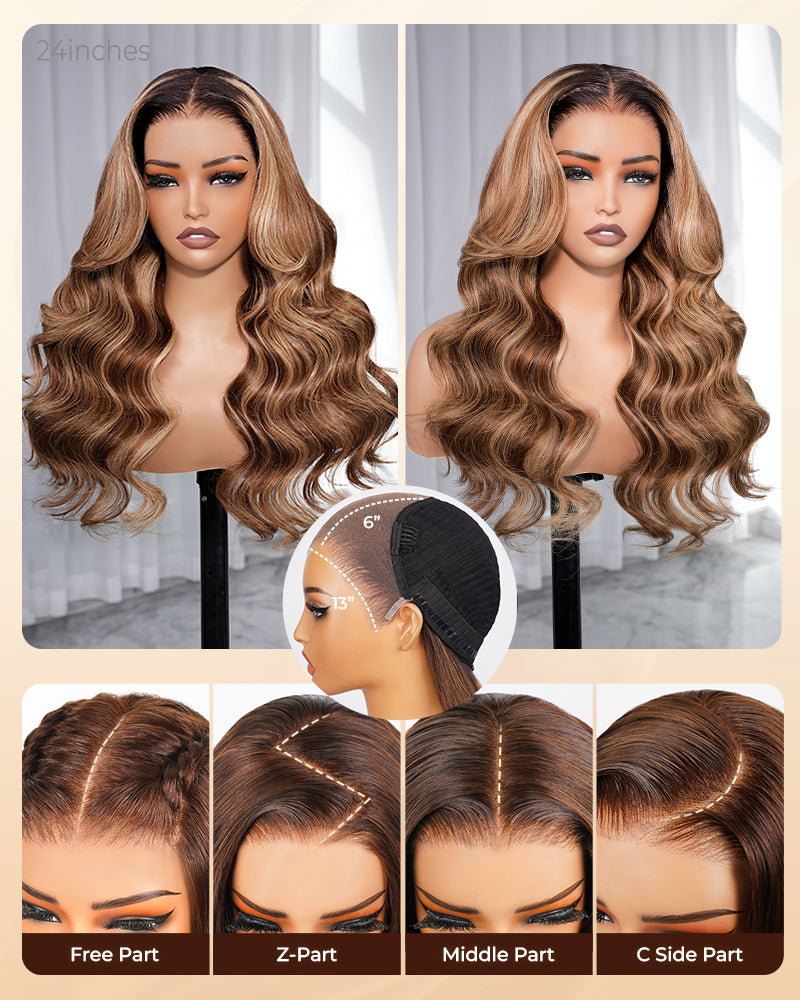 Arabella 13x6 Three-Go™ Ombre Highlight Honey Blonde Glueless Wig Body Wave With Drawstring 100% Human Hair Wig