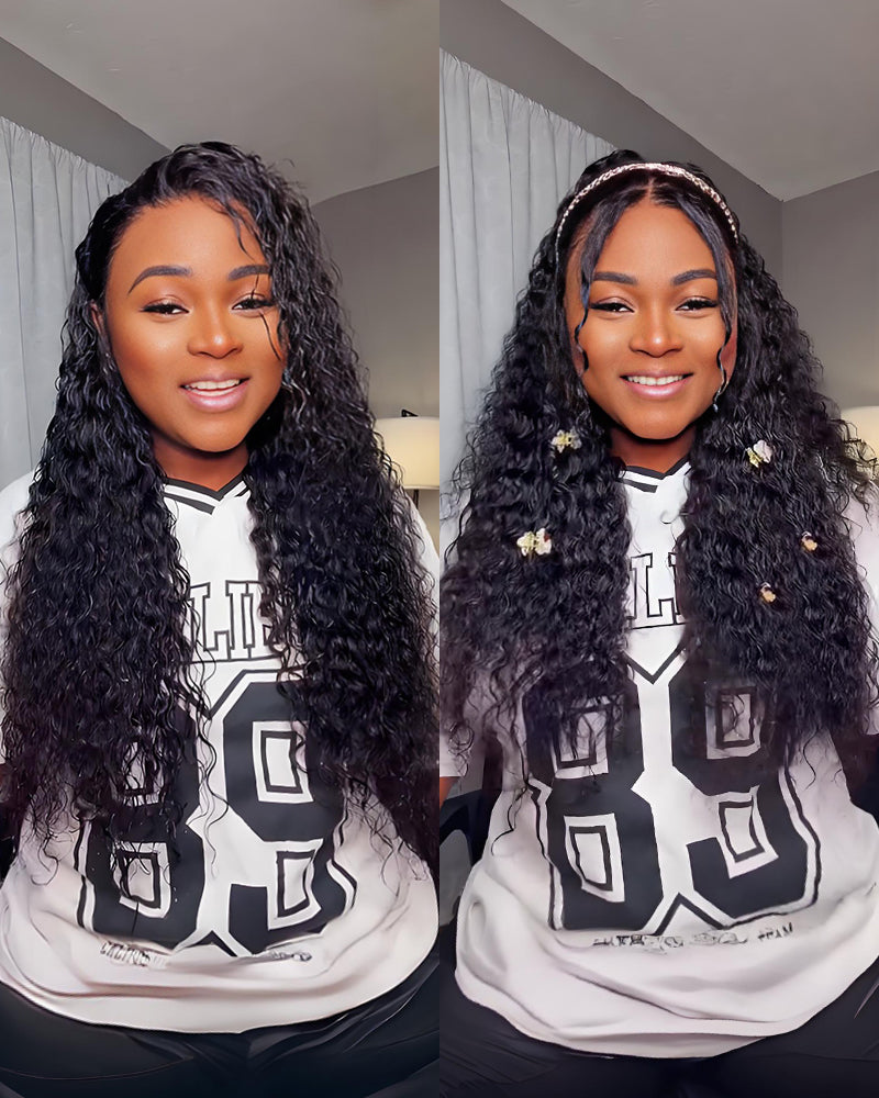 Different parting styles shown: Water wave wig with middle/side/deep part options for a natural look