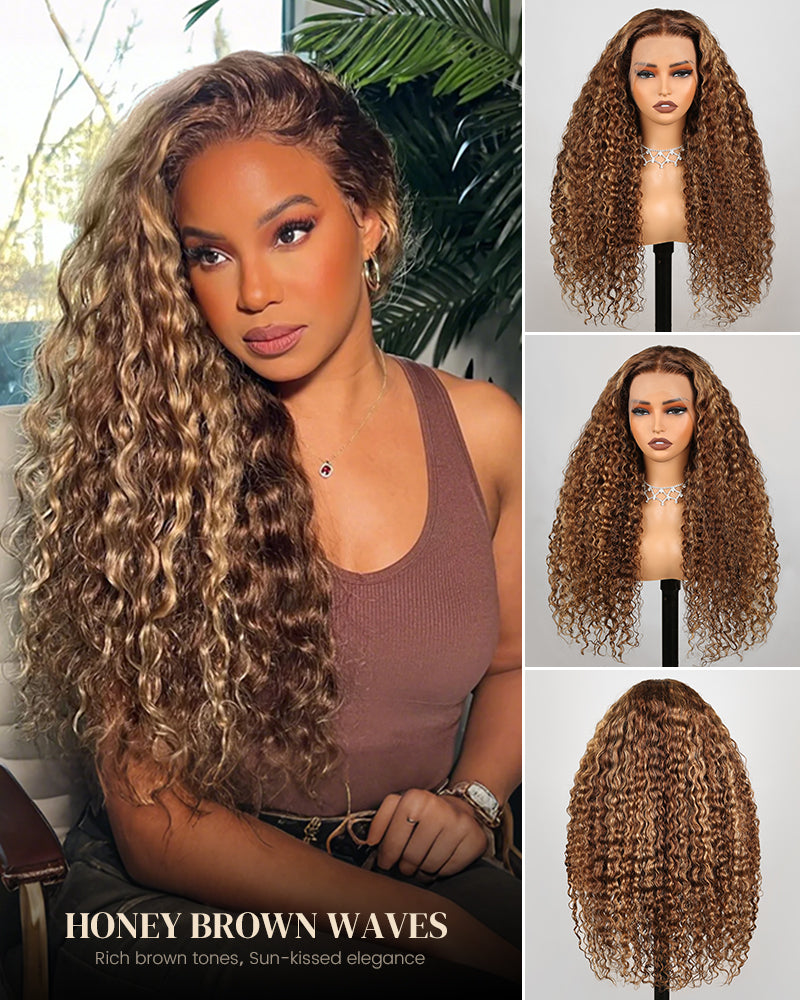 Arabella 13x4 Frontal Lace & 6x5 Invisible Knots Glueless Honey Blonde Highlights On Brown Wig Water Wave Wig Invisible Knots