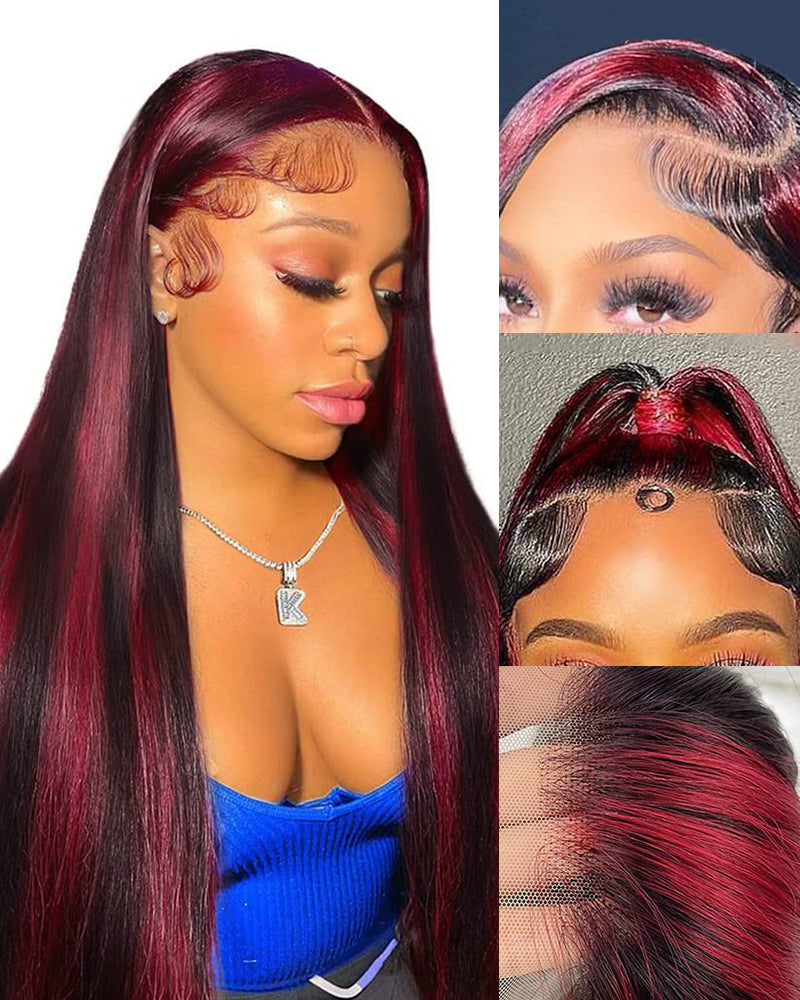 【Bogo Sale】Dark Burgundy With Rose Red Highlights Color Straight 13x4 Lace Human Hair Wigs Free Part