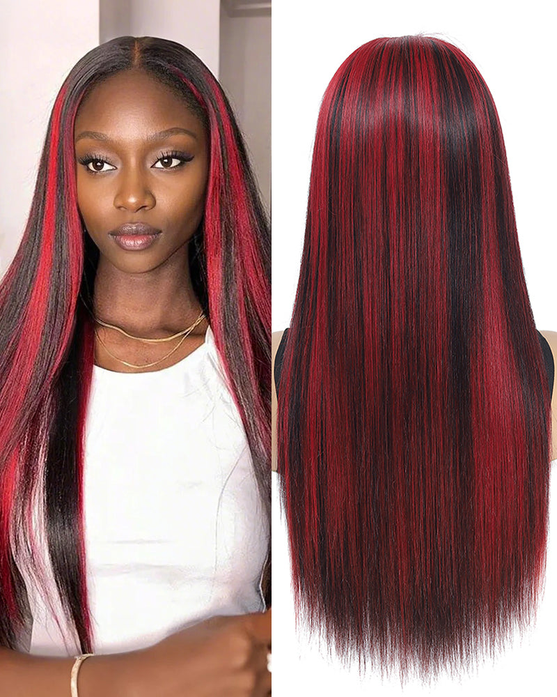 【Bogo Sale】Dark Burgundy With Rose Red Highlights Color Straight 13x4 Lace Human Hair Wigs Free Part