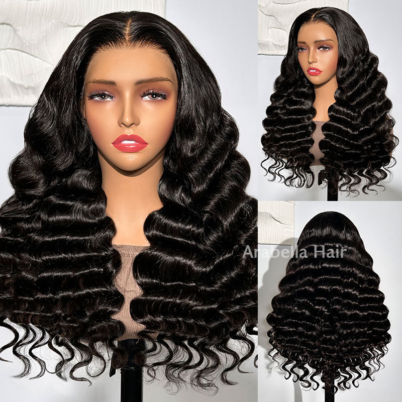 18"=$141 | Arabella 360 Full Lace Glueless Loose Deep Wave Wig Invisi Drawstring Natural Black Pull & Go