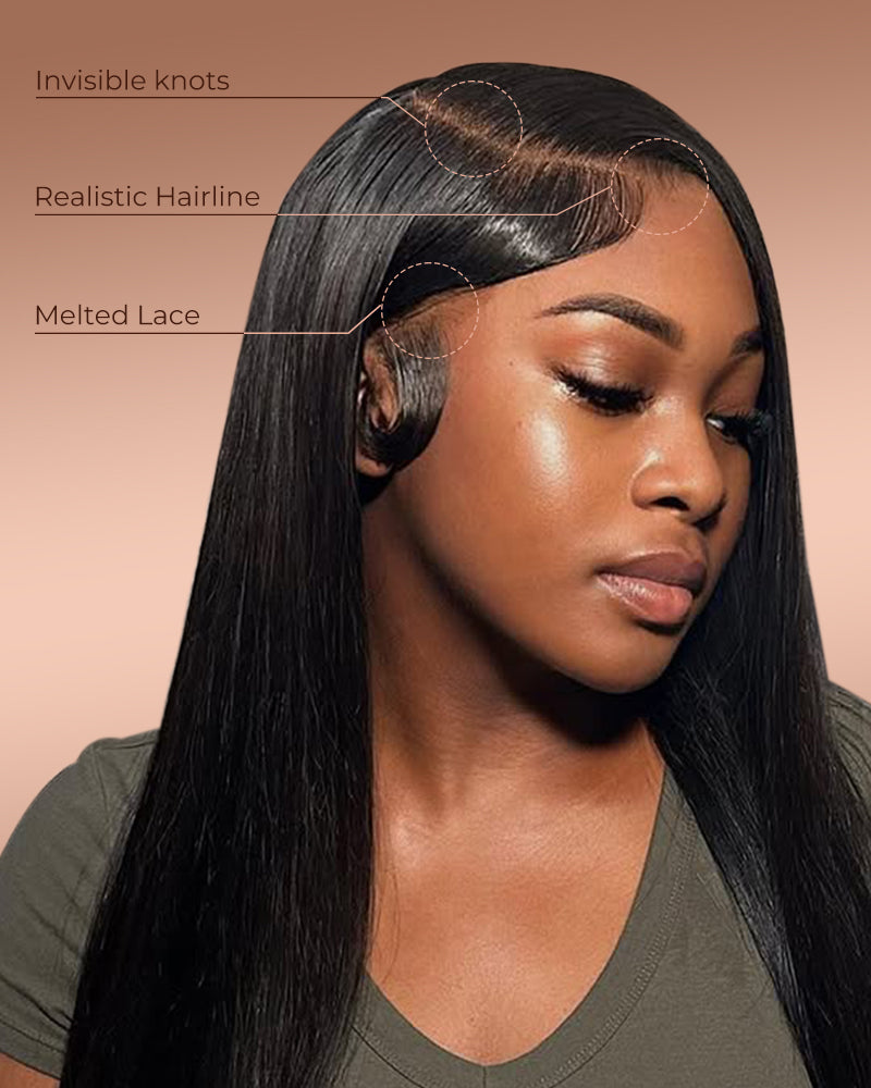 Arabella 6x5 Invisible Knots Glueless & 13x4 Frontal Lace Silky Straight Wig Pre-cut Lace Natural Black Beginner Friendly