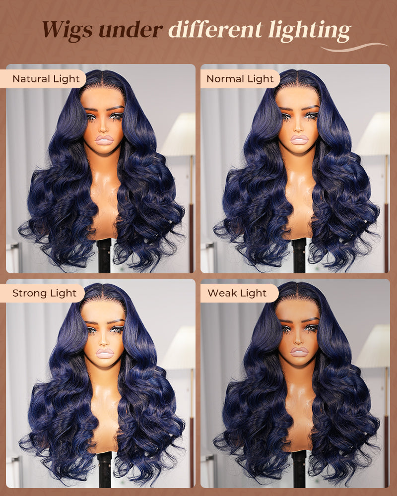 Midnight blue velvet wig in different lighting, glueless human hair | Arabella Hair