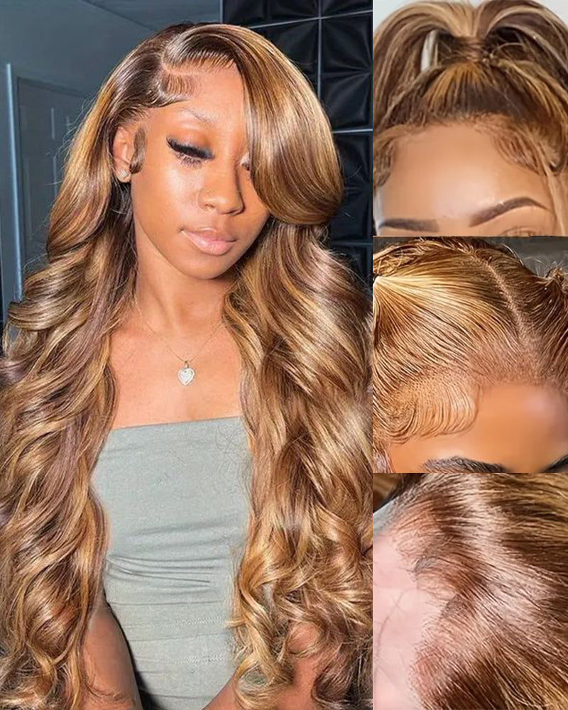 24" = $174 | Arabella 13x4 Frontal Lace Honey Blonde Highlights On Brown Wig Body Wave Wig Invisible Knots Realistic Hairline