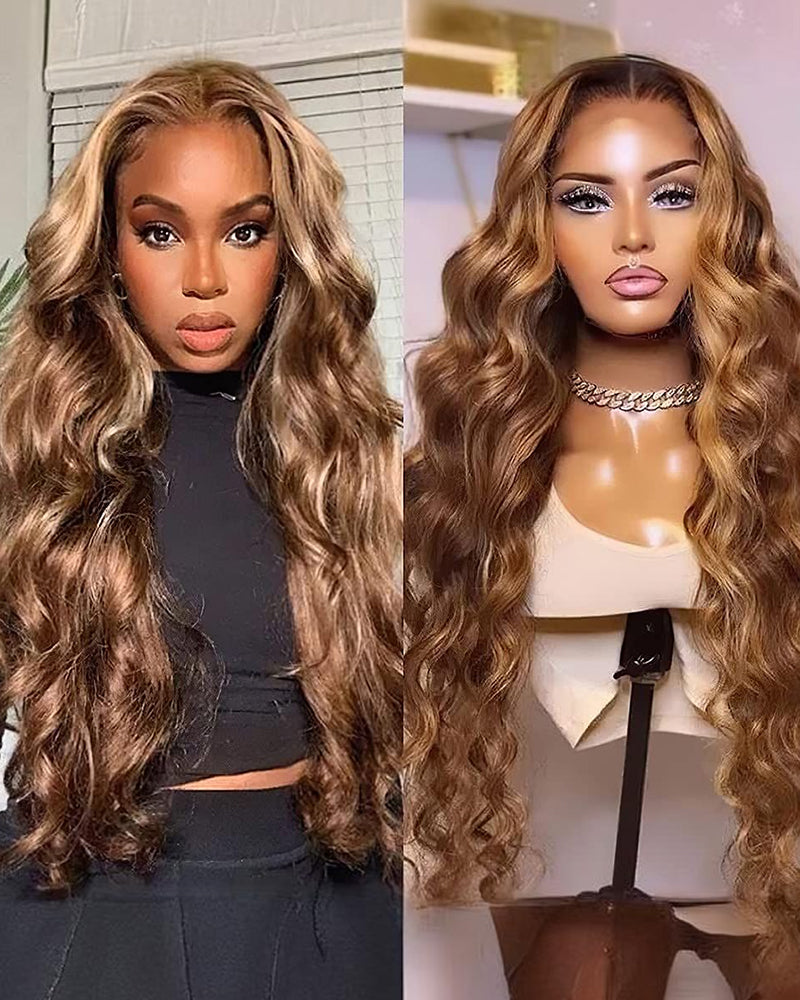 24" = $174 | Arabella 13x4 Frontal Lace Honey Blonde Highlights On Brown Wig Body Wave Wig Invisible Knots Realistic Hairline