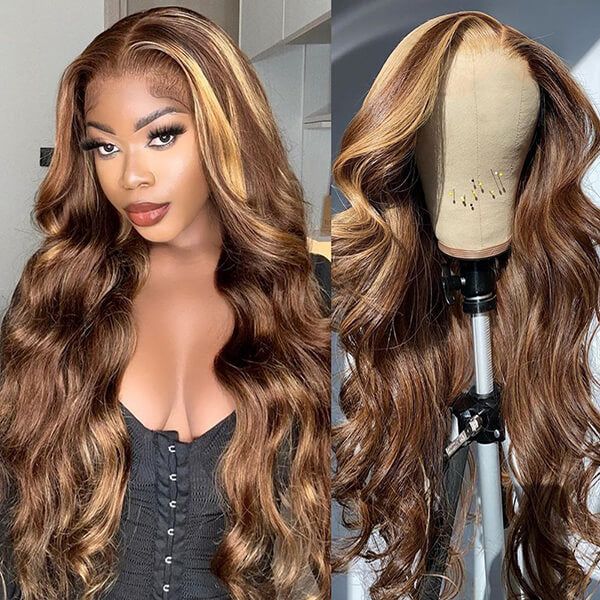 Arabella 6x5 invisible knots Glueless Honey Blonde Highlights On Brown Wig Body Wave Wig Realistic Hairline