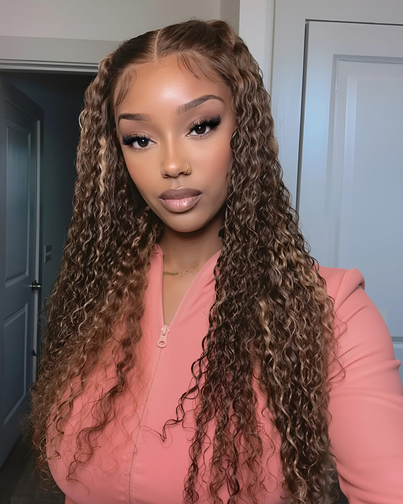 Arabella 13x4 Frontal Lace & 6x5 Invisible Knots Glueless Honey Blonde Highlights On Brown Wig Water Wave Wig Invisible Knots