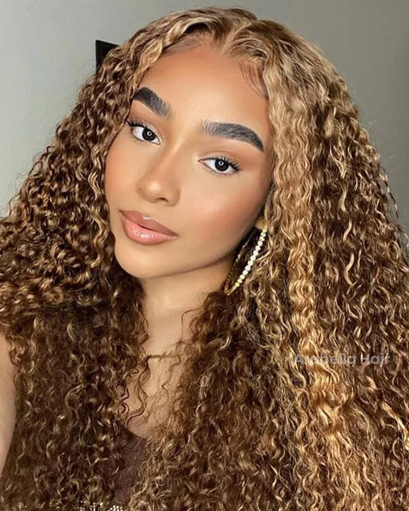 Arabella 13x4 Frontal Lace & 6x5 Invisible Knots Glueless Honey Blonde Highlights On Brown Wig Water Wave Wig Invisible Knots
