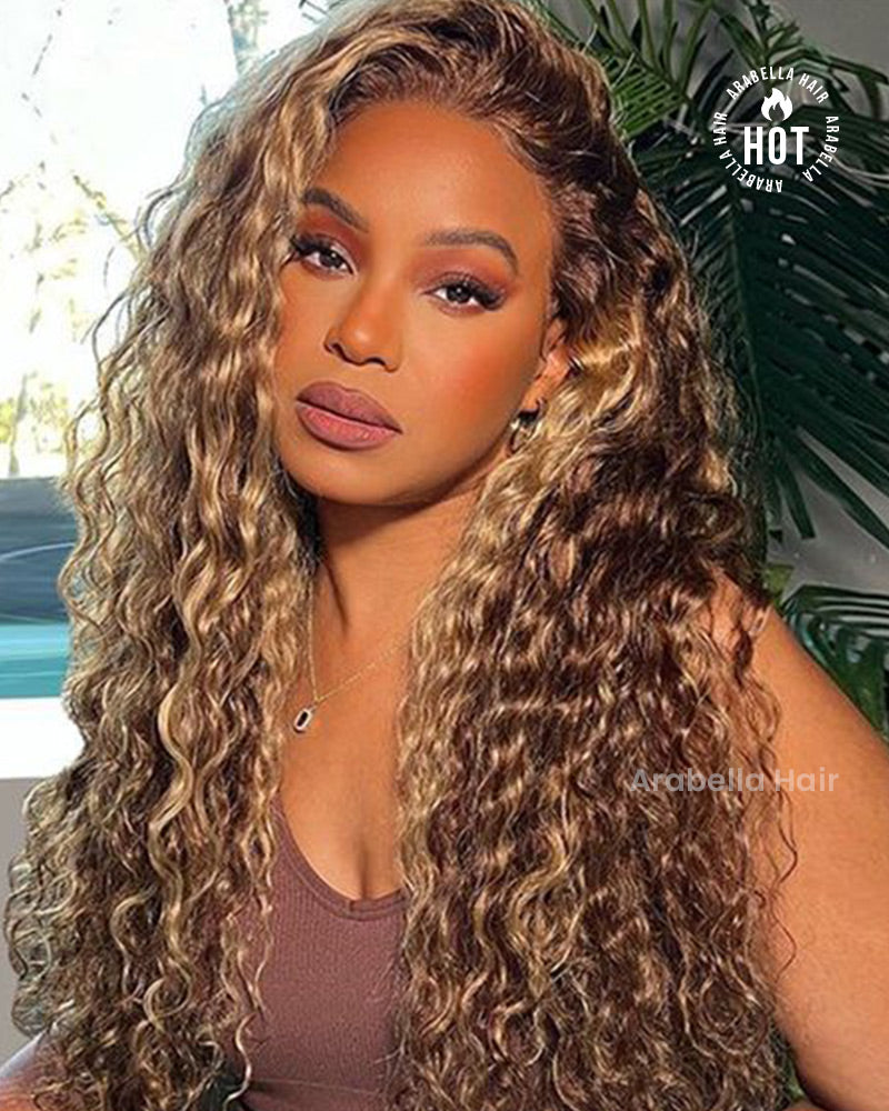 Arabella 13x4 Frontal Lace & 6x5 Invisible Knots Glueless Honey Blonde Highlights On Brown Wig Water Wave Wig Invisible Knots