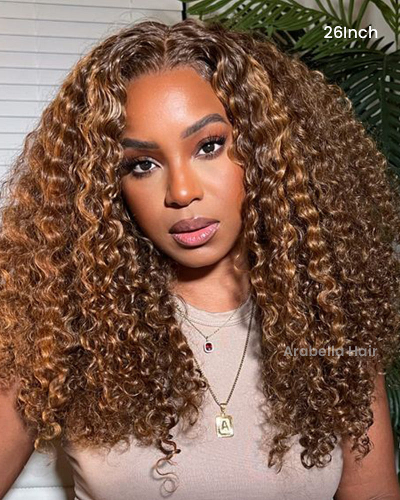 Arabella 13x4 Frontal Lace & 6x5 Invisible Knots Glueless Honey Blonde Highlights On Brown Wig Water Wave Wig Invisible Knots