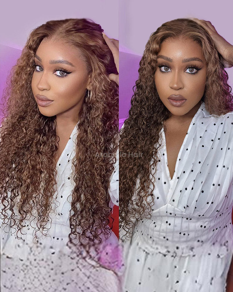 Arabella 13x4 Frontal Lace & 6x5 Invisible Knots Glueless Honey Blonde Highlights On Brown Wig Water Wave Wig Invisible Knots