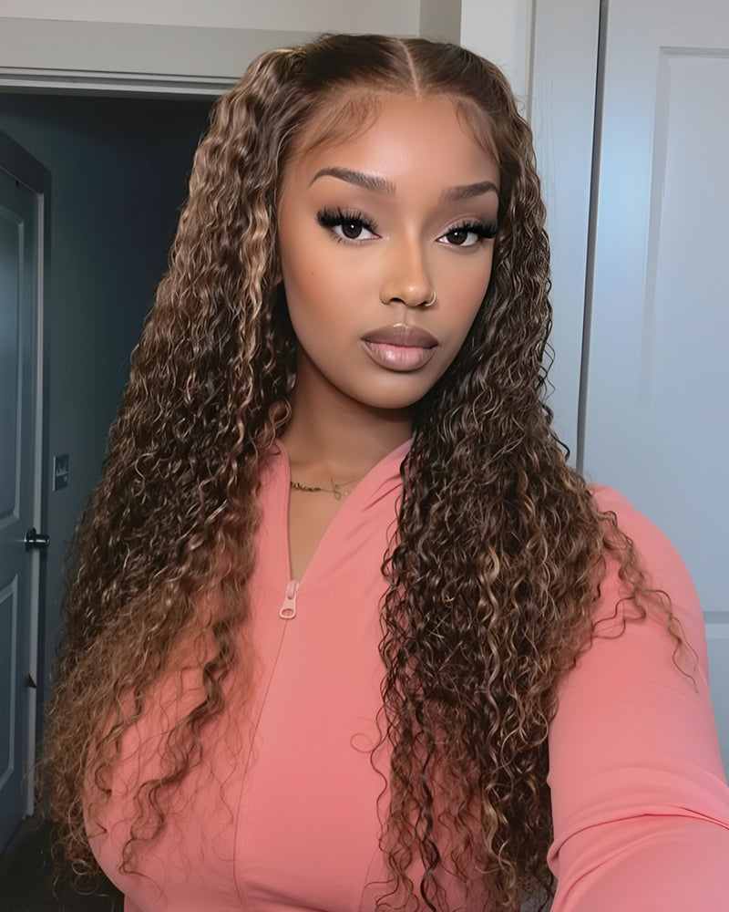 Arabella 13x4 Frontal Lace & 6x5 Invisible Knots Glueless Honey Blonde Highlights On Brown Wig Water Wave Wig Invisible Knots