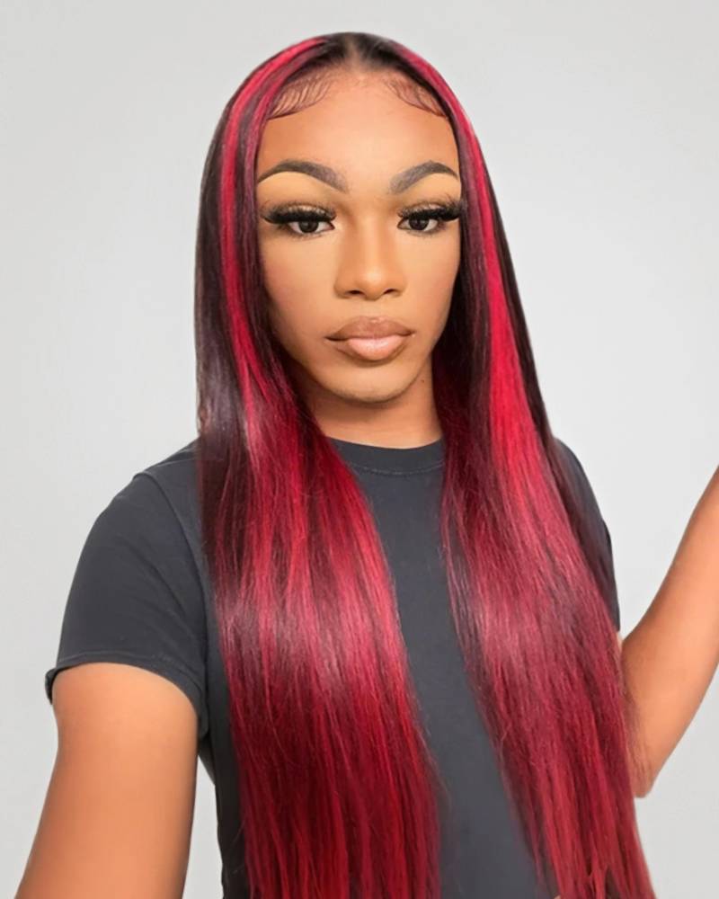 【Bogo Sale】Dark Burgundy With Rose Red Highlights Color Straight 13x4 Lace Human Hair Wigs Free Part