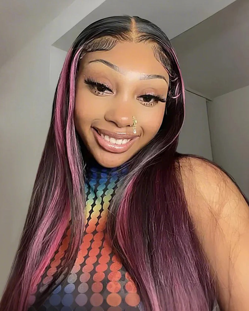 【Bogo Sale】Red Purple Highlights Color Straight 13x4 Lace Front Human Hair Wigs Free Part