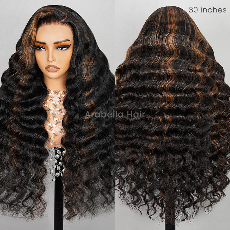 Arabella 13x4 Frontal Lace Auburn Highlights on Black Hair Loose Deep Wave Wig Invisible Knots Realistic Hairline