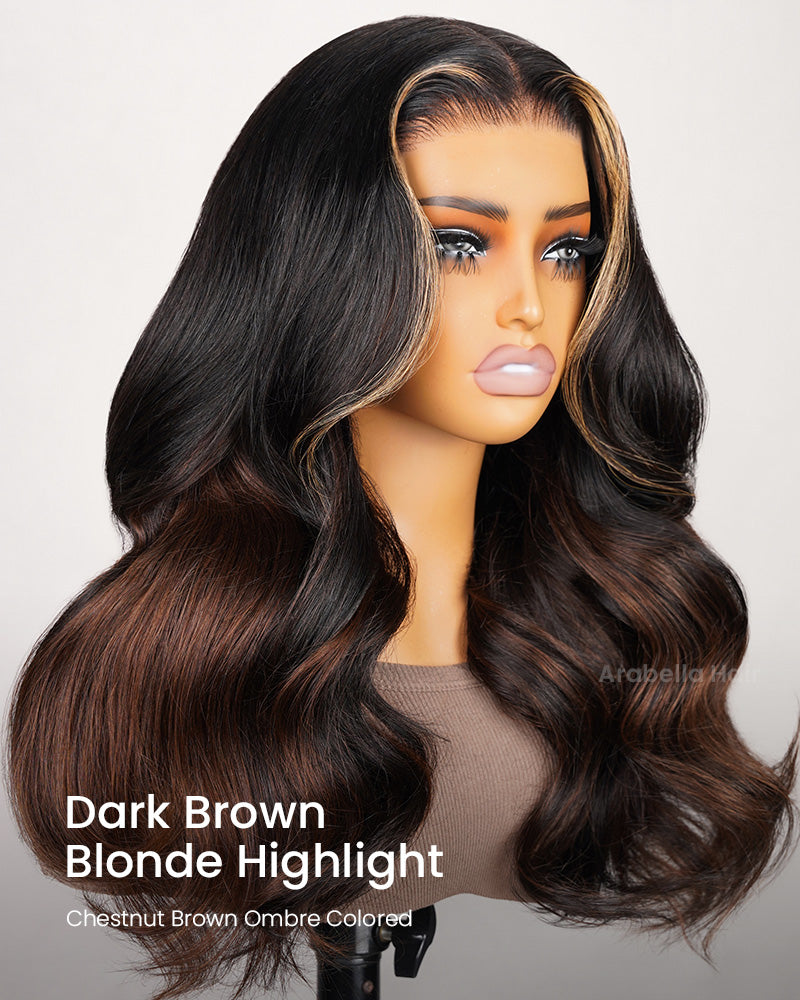 Arabella 6x5 invisible knots Glueless Black To Brown Ombre Loose Body Wave Wig Pre-cut Lace Beginner Friendly