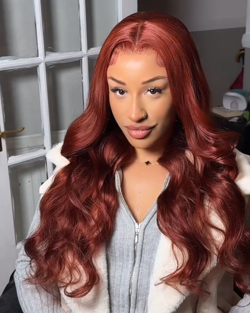 Arabella 13x4/6x5 Lace Glueless Reddish Brown Body Wave Wig Invisible Knots Realistic Hairline