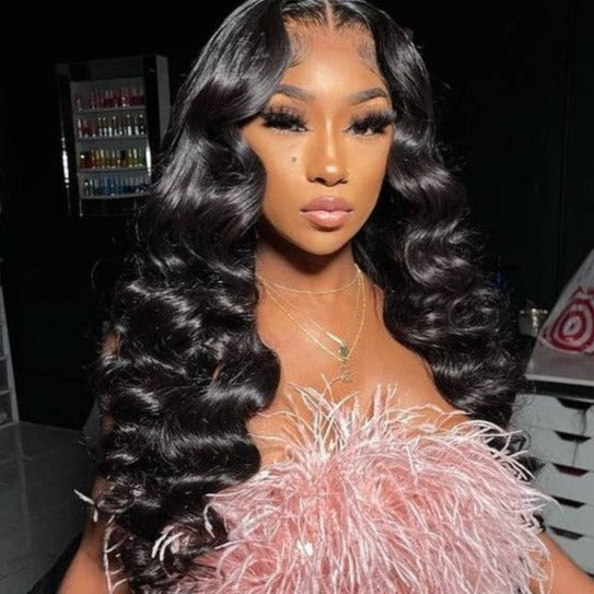 24" Loose Wave Transparent Lace 13*4/4*4 Lace Frontal Wig Human Hair Wig Natural Black - arabellahair.com