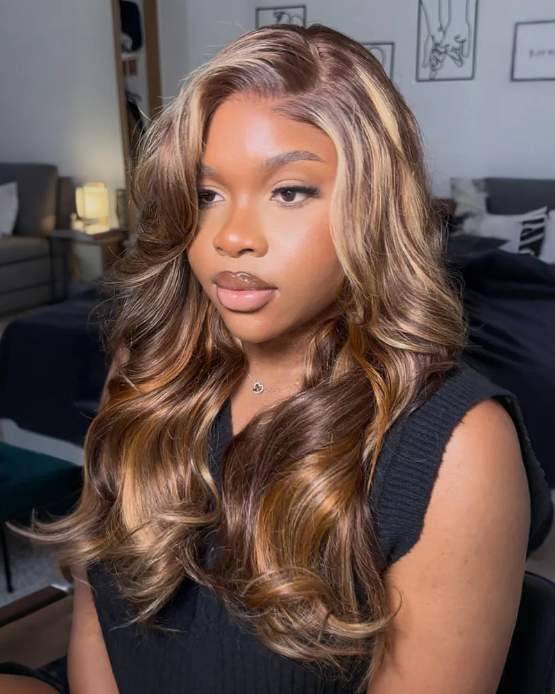 【$299 = 2 WIGS】Arabella 6x5 invisible knots Glueless Wig Brown Ombre Highlights Loose Body Wave Wig Pre-cut Lace Beginner Friendly