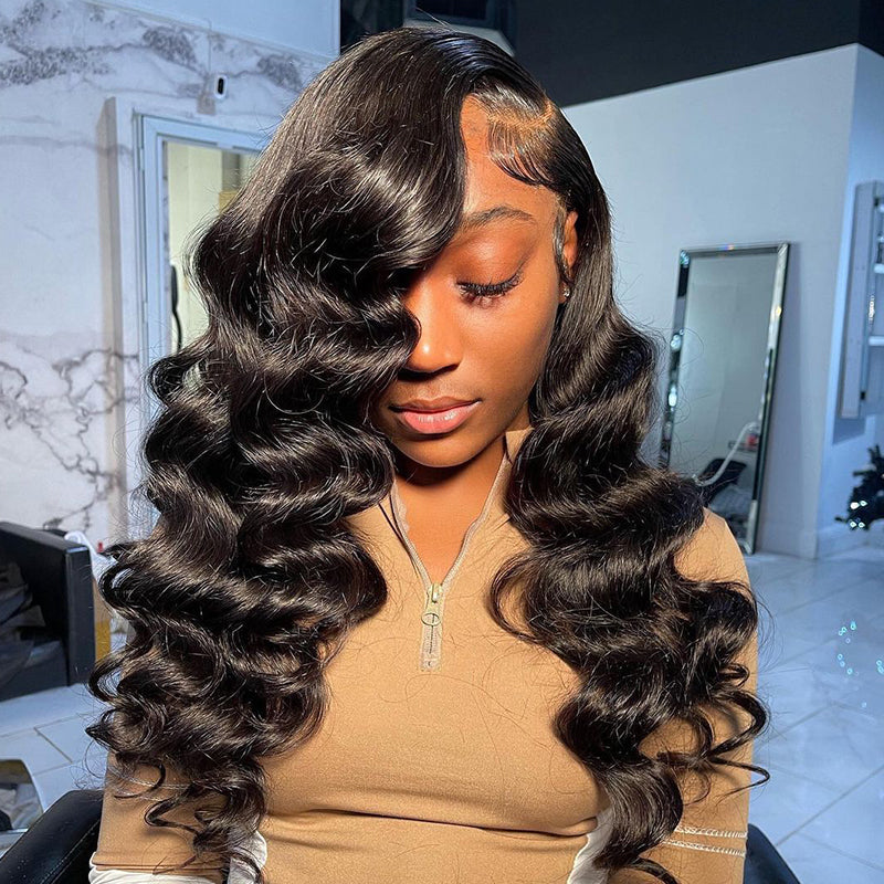 Human hair wig 24" Loose Wave Transparent Lace 13x4/4x4 Lace Frontal Wig Human Hair Wig Natural Black - arabellahair.com