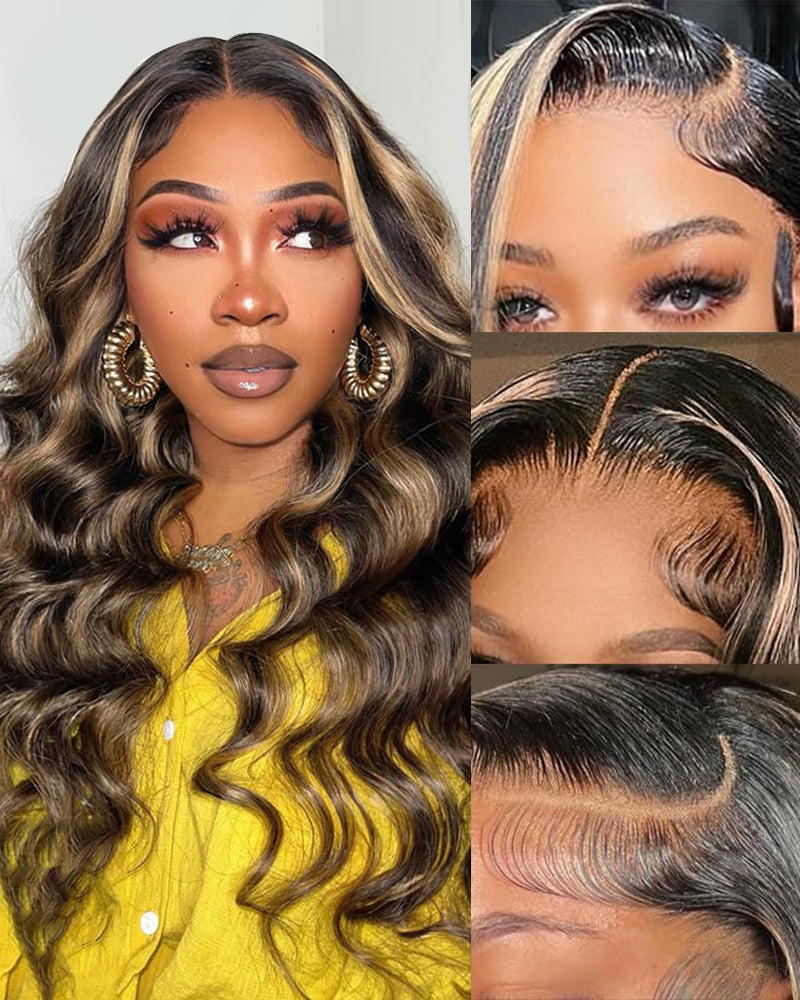 Arabella 13x4 Frontal Lace & 6x5 Invisible Knots Glueless Balayage Highlight Body Wave/Silky Straight Wig Invisible Knots Realistic Hairline