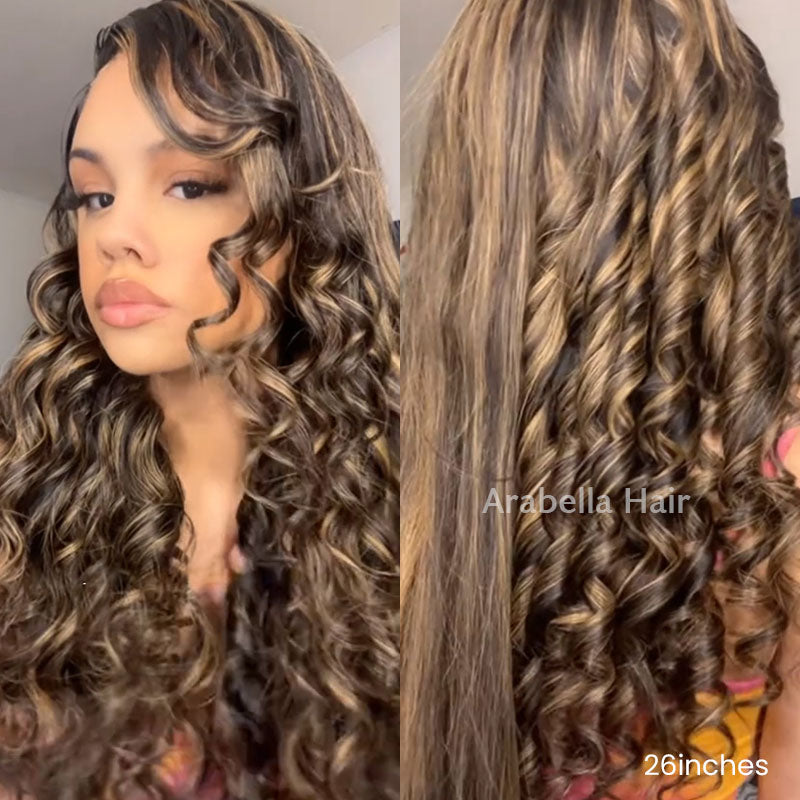 34" 13x4 Glueless Lace Straight Balayage Highlight Colored Lace Front Bleach Knots Human Hair Wig