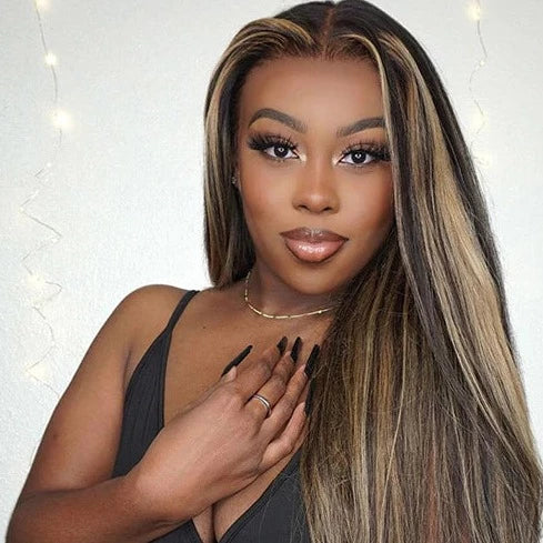 34" 13x4 Glueless Lace Straight Balayage Highlight Colored Lace Front Bleach Knots Human Hair Wig