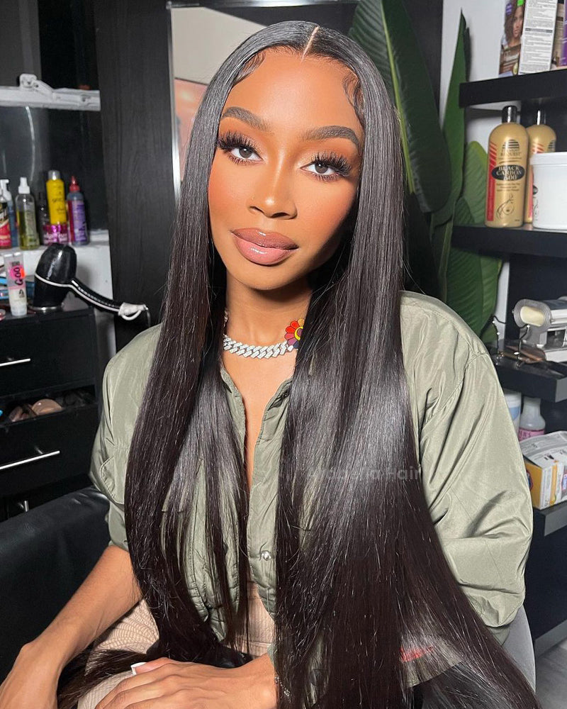Arabella 6x5 Invisible Knots Glueless & 13x4 Frontal Lace Silky Straight Wig Pre-cut Lace Natural Black Beginner Friendly