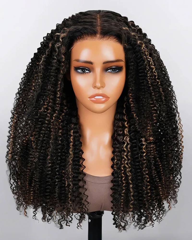 26"=$195 | Arabella 6x5 invisible knots Glueless Honey Blonde Highlights On Black Kinky Curly Wig Pre-cut Lace Beginner Friendly