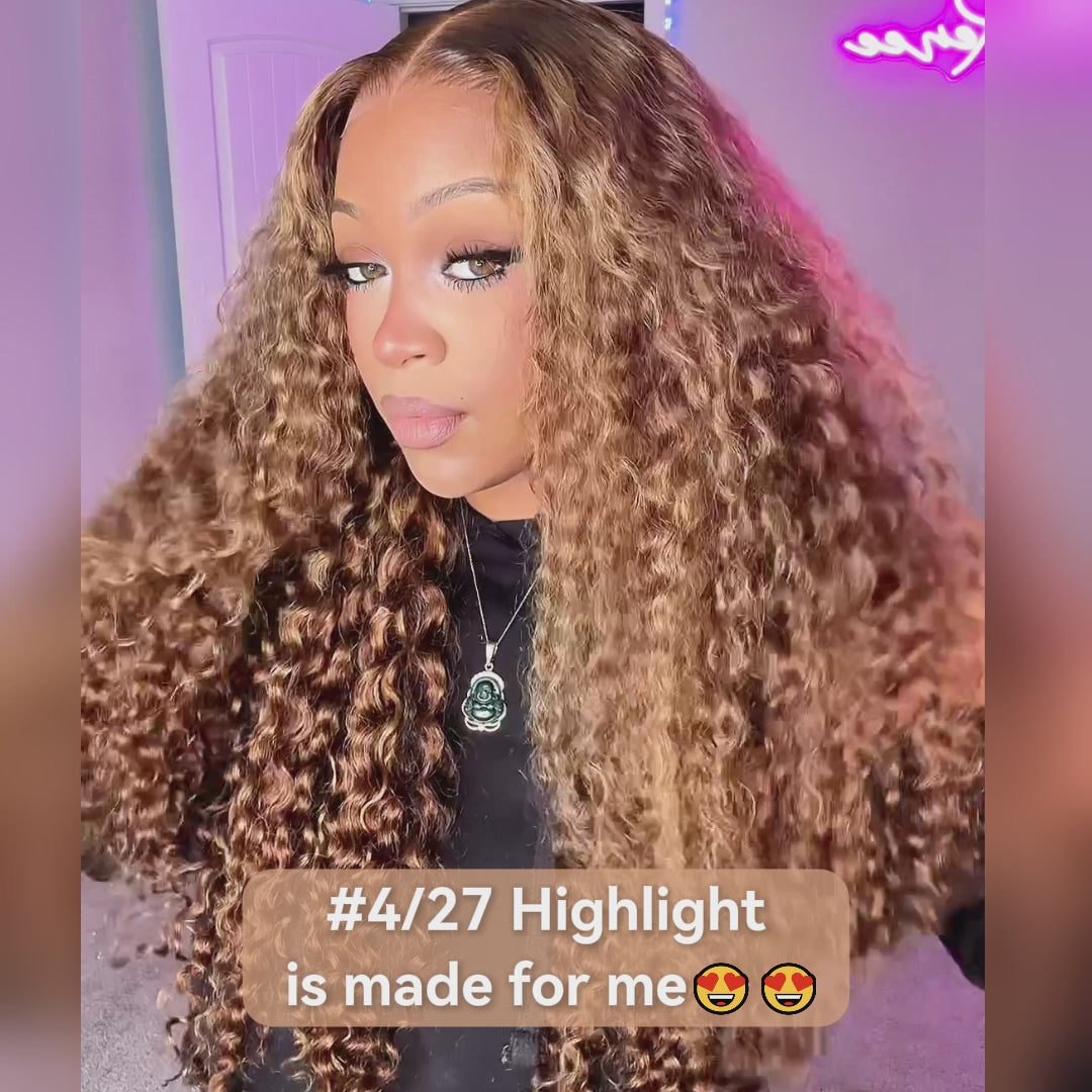 Arabella 13x4 Frontal Lace & 6x5 Invisible Knots Glueless Honey Blonde Highlights On Brown Wig Water Wave Wig Invisible Knots