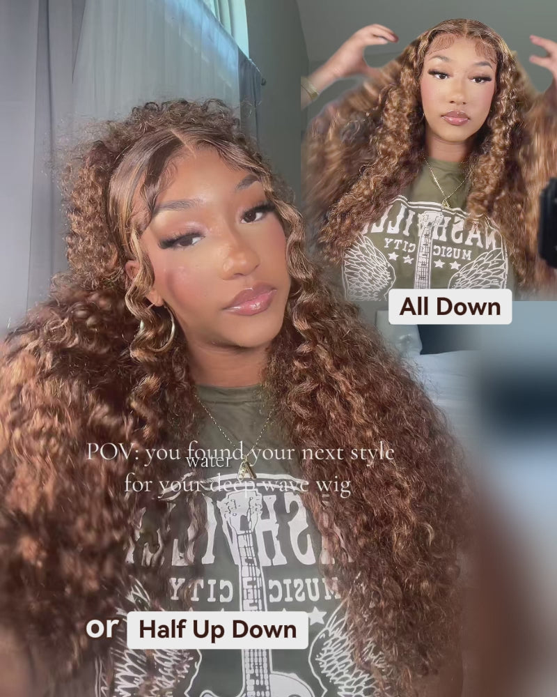 Arabella 13x4 Frontal Lace & 6x5 Invisible Knots Glueless Honey Blonde Highlights On Brown Wig Water Wave Wig Invisible Knots