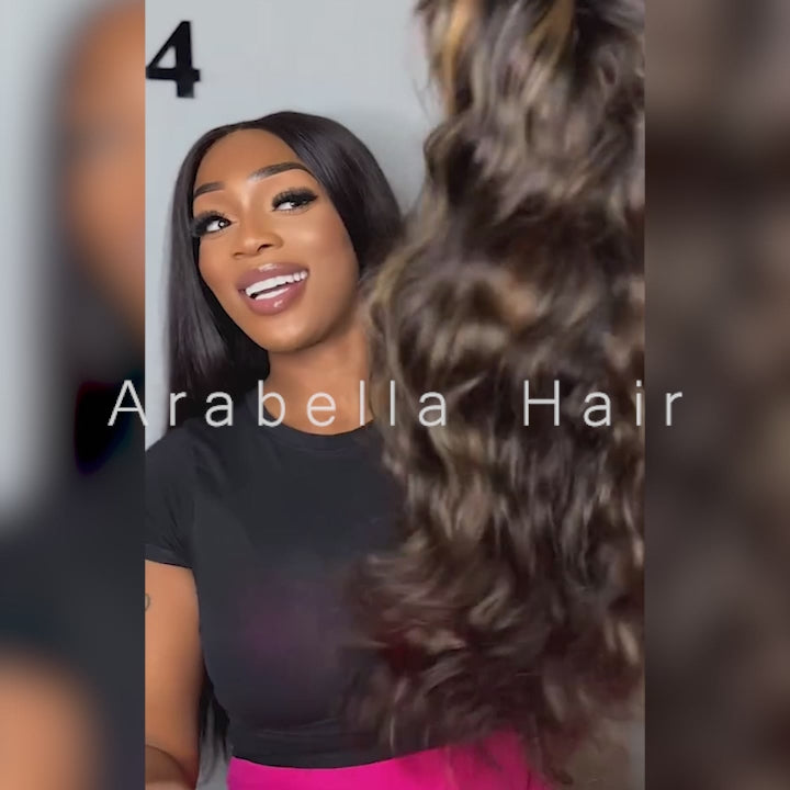 Arabella 13x4 Frontal Lace & 6x5 Invisible Knots Glueless Balayage Highlight Body Wave/Silky Straight Wig Invisible Knots Realistic Hairline