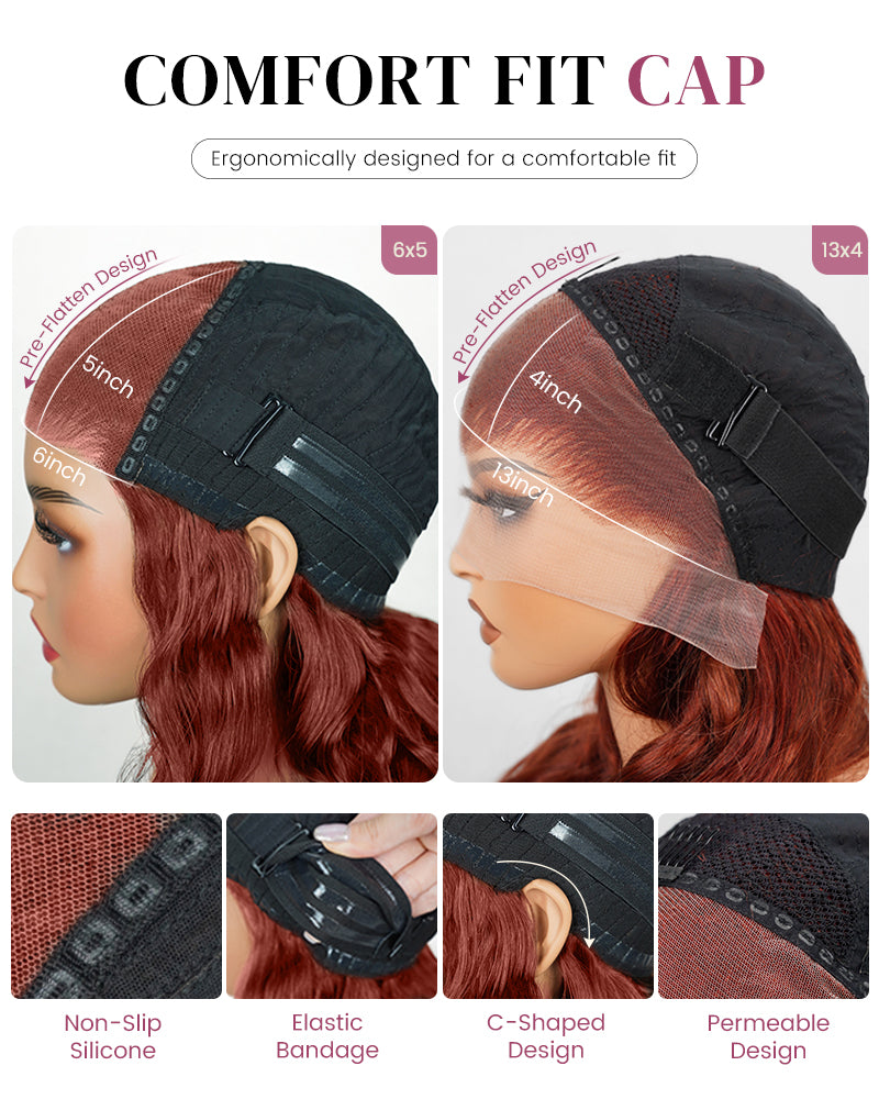 Arabella 13x4/6x5 Lace Glueless Reddish Brown Body Wave Wig Invisible Knots Realistic Hairline