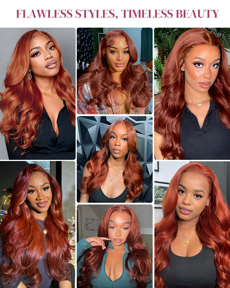 Arabella 13x4/6x5 Lace Glueless Reddish Brown Body Wave Wig Invisible Knots Realistic Hairline