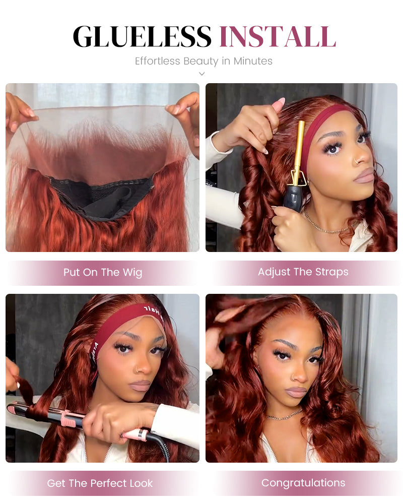 Arabella 13x4/6x5 Lace Glueless Reddish Brown Body Wave Wig Invisible Knots Realistic Hairline