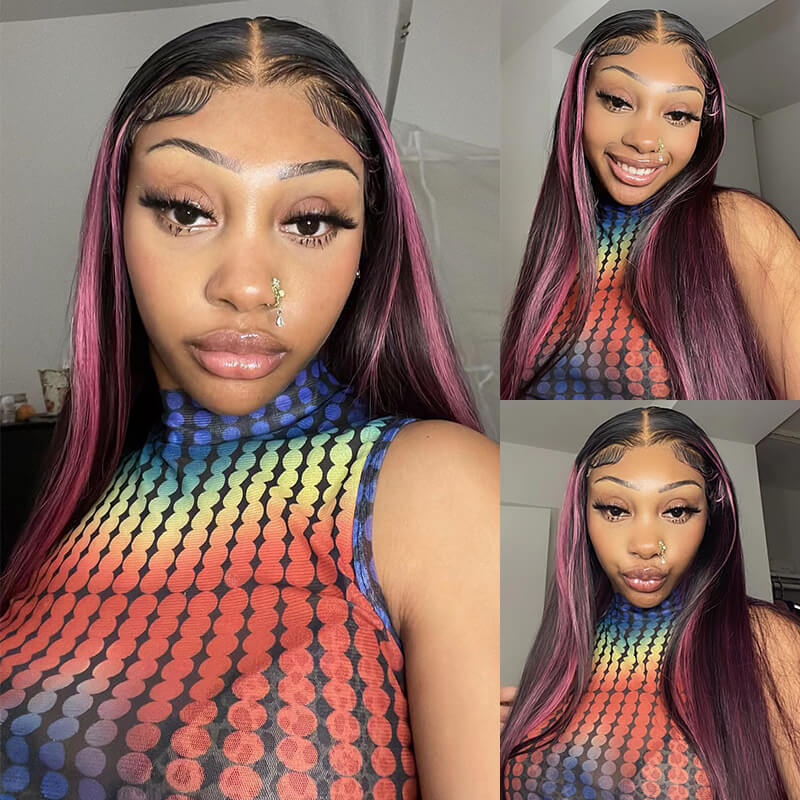 【Bogo Sale】Red Purple Highlights Color Straight 13x4 Lace Front Human Hair Wigs Free Part