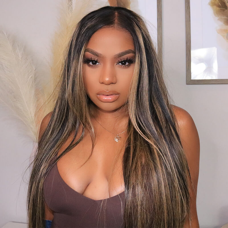 Human hair wig 13*4 Lace Front Wig Straight Balayage Highlight Hair Cololor HD Transparent Lace Wig - arabellahair.com