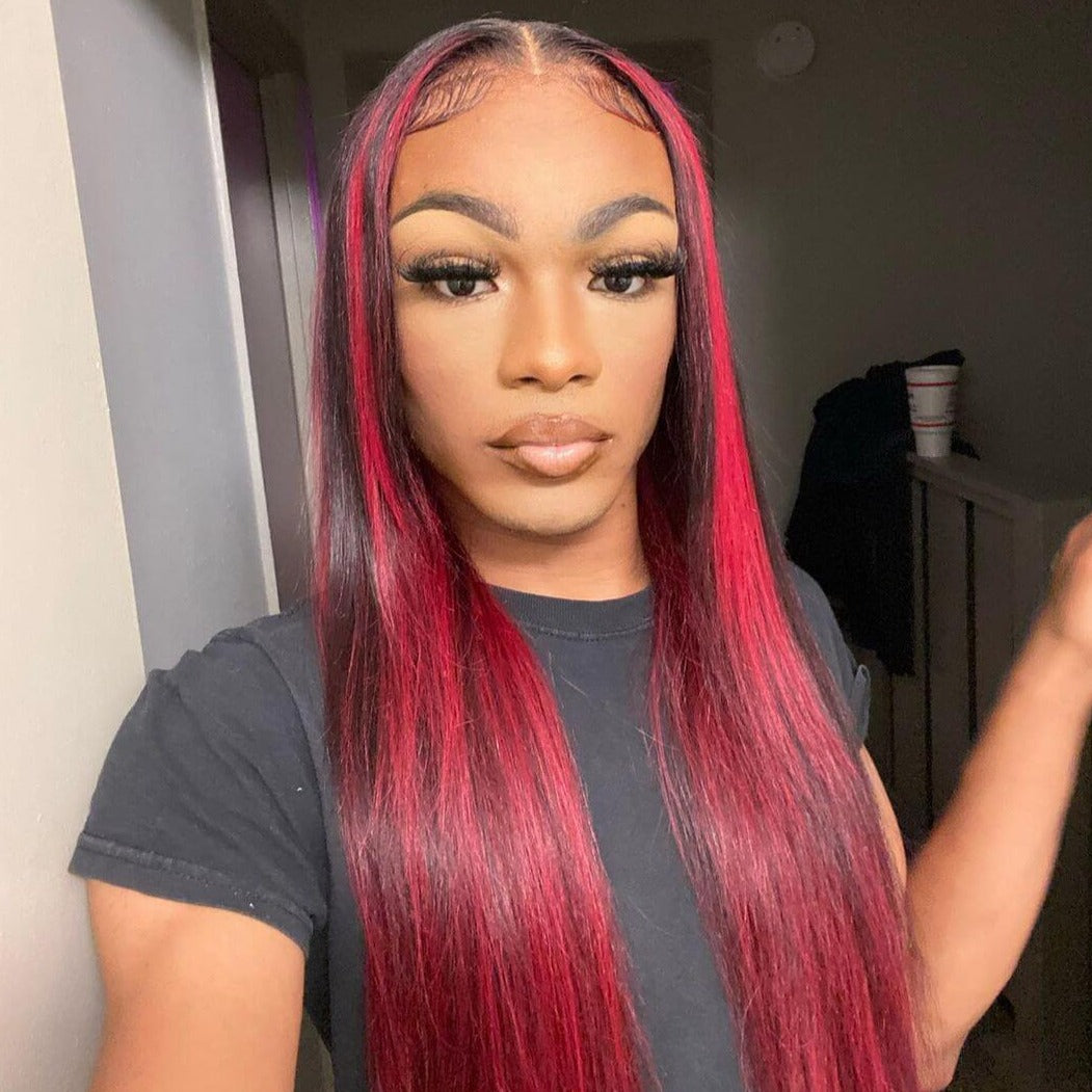 000 13x4 Lace Dark Burgundy With Rose Red Highlights Straight HD Lace Color Human Hair Wigs