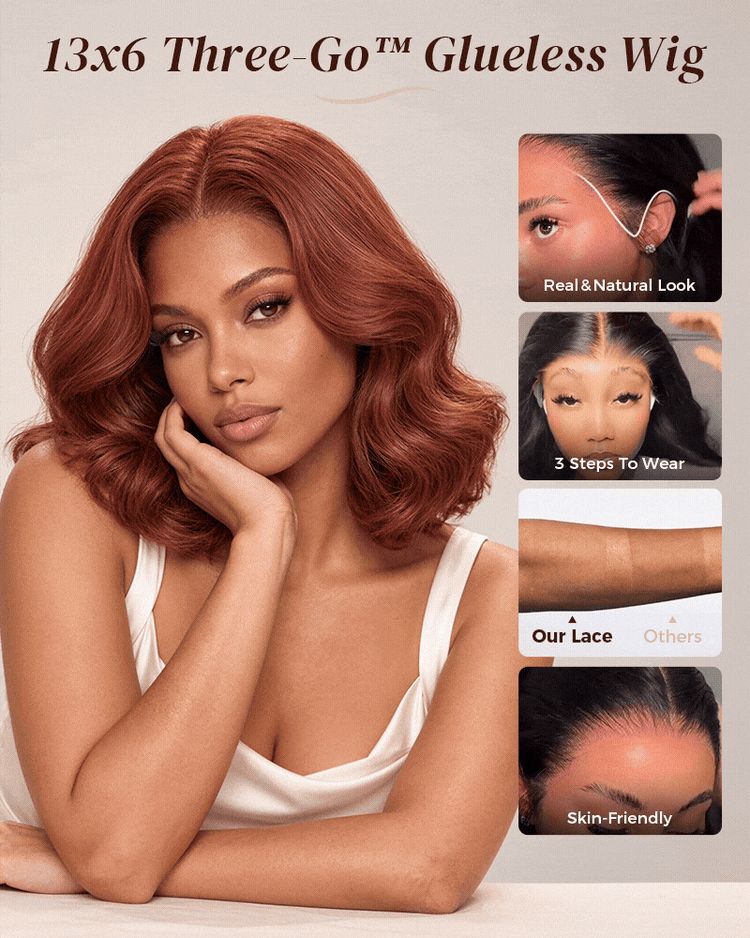 Arabella 13x6 Three-Go™ 280% High Density Body Wave Bob Invisible Knots Reddish Brown Glueless Beginner Friendly