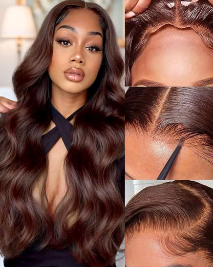 Arabella 13x4 Frontal Lace &amp; 6x5 Invisible Knots Glueless Chocolate Brown Body Wave/Silky Straight Wig Invisible Knots Realistic Hairline