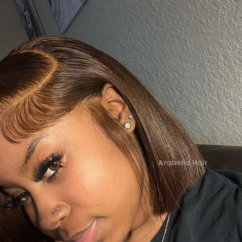 13x6 Lace Front Chestnut Brown Colored Straight Bob Human Hair Wig With Free Part