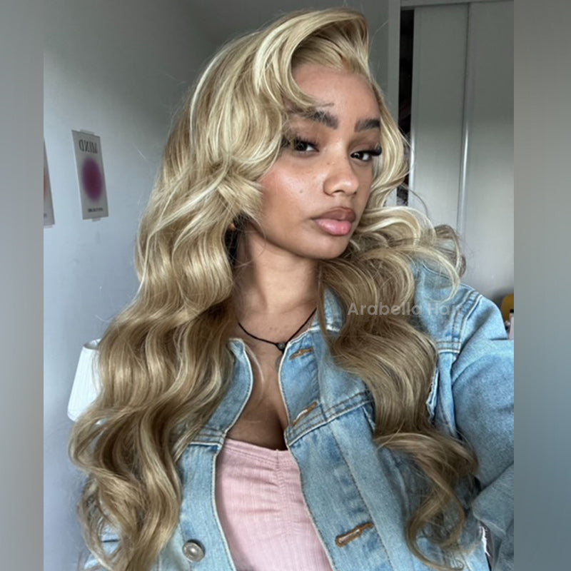 @Jaydajonet  Same | Blowout In Wavy 13x4 Lace Front Mixed Brown and Blonde Highlights Color Human Hair Wig