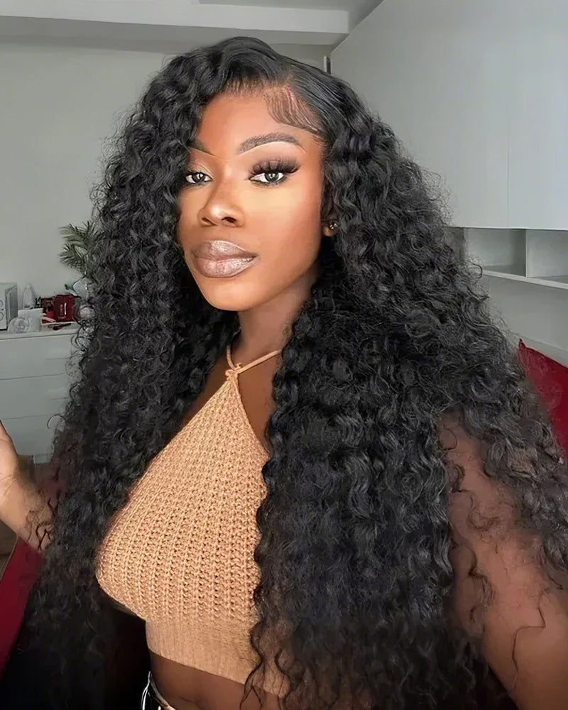 Deep Wave 13x6 Inch Lace Frontal Wig  Natural Black 210% Density Free Part Human Hair