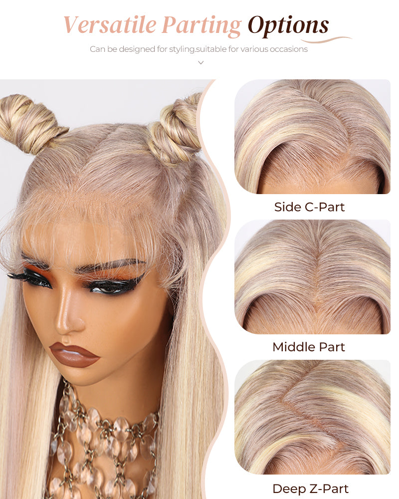 Arabella 13x4 Pre-All Glueless Blonde Highlight Body Wave/Silky Straight Wig Invisible Knots Realistic Hairline