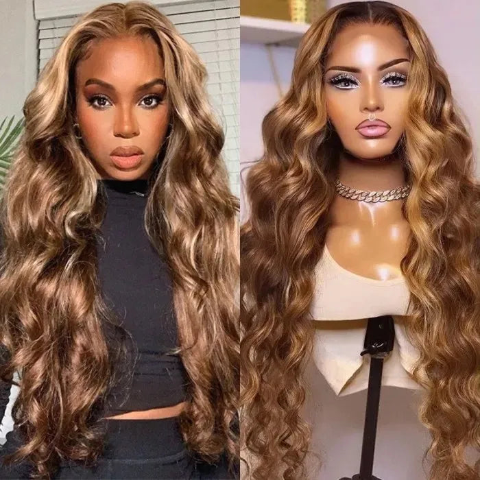 Arabella 6x5 invisible knots Glueless Honey Blonde Highlights On Brown Wig Body Wave Wig Pre-cut Lace Beginner Friendly